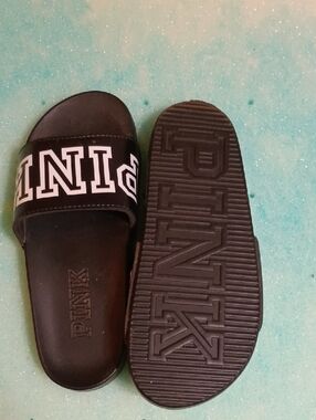 PINK Victoria's Secret Black Slide Sandals with White Logo